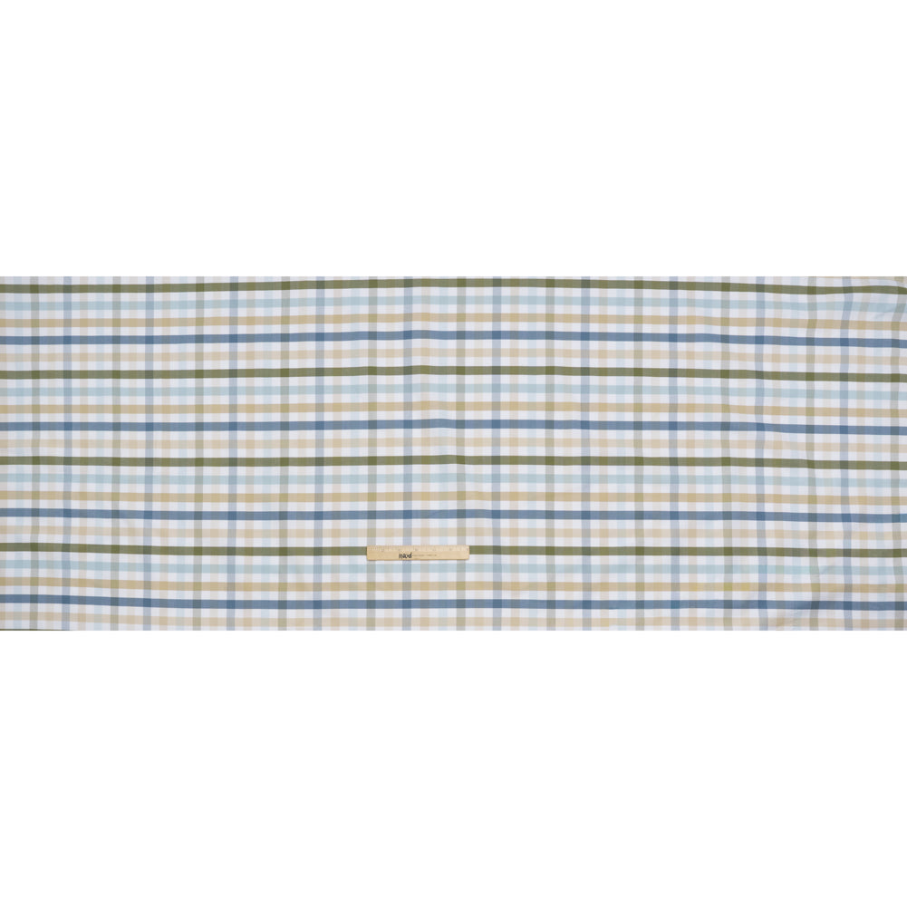 Cotton Oxford Shirting - Blue, Olive Green and Beige Plaid - Deadstock Cotton Oxford Shirting - Blue, Olive Green and Beige Plaid - Deadstock