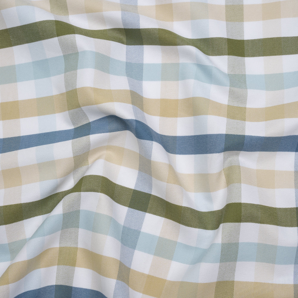 Cotton Oxford Shirting - Blue, Olive Green and Beige Plaid - Deadstock Cotton Oxford Shirting - Blue, Olive Green and Beige Plaid - Deadstock