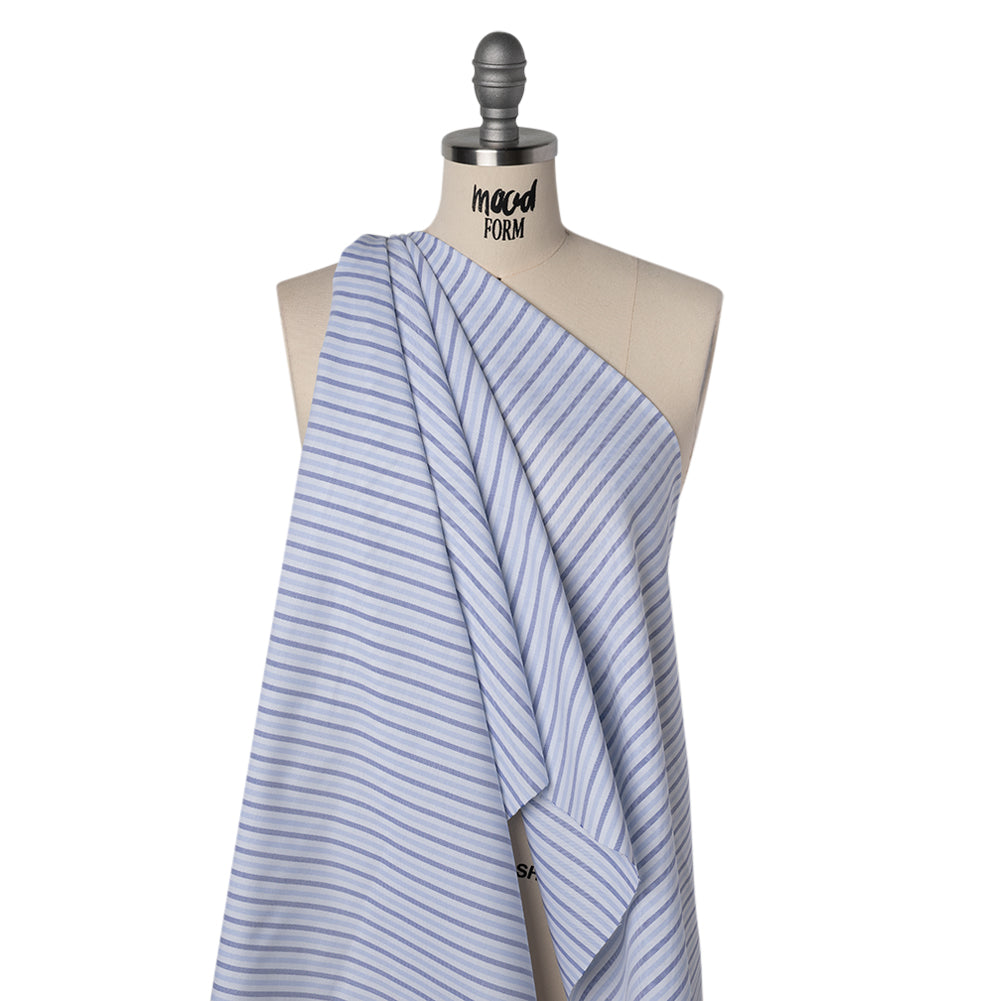 Cotton Oxford Shirting - Sky Blue, Cobalt and White Alternating Stripes - Designer Deadstock - Drape Cotton Oxford Shirting - Sky Blue, Cobalt and White Alternating Stripes - Designer Deadstock - Drape