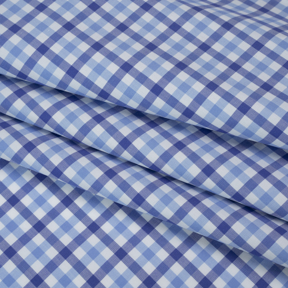 Cotton Twill Shirting - Cobalt, Sky Blue and White Tattersall Check - Designer Deadstock Cotton Twill Shirting - Cobalt, Sky Blue and White Tattersall Check - Designer Deadstock