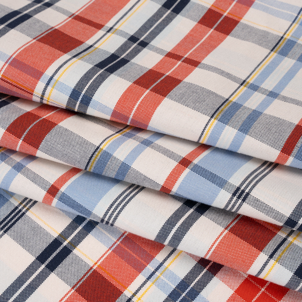 Cotton Oxford Shirting - Cream, Red and Blue Plaid - Deadstock - Folded Cotton Oxford Shirting - Cream, Red and Blue Plaid - Deadstock - Folded