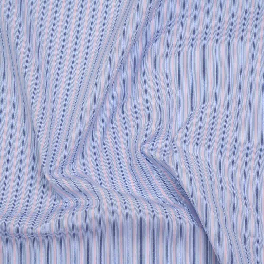 Cotton Shirting - Baby Blue, Light Pink and Navy Stripes - Deadstock Cotton Shirting - Baby Blue, Light Pink and Navy Stripes - Deadstock