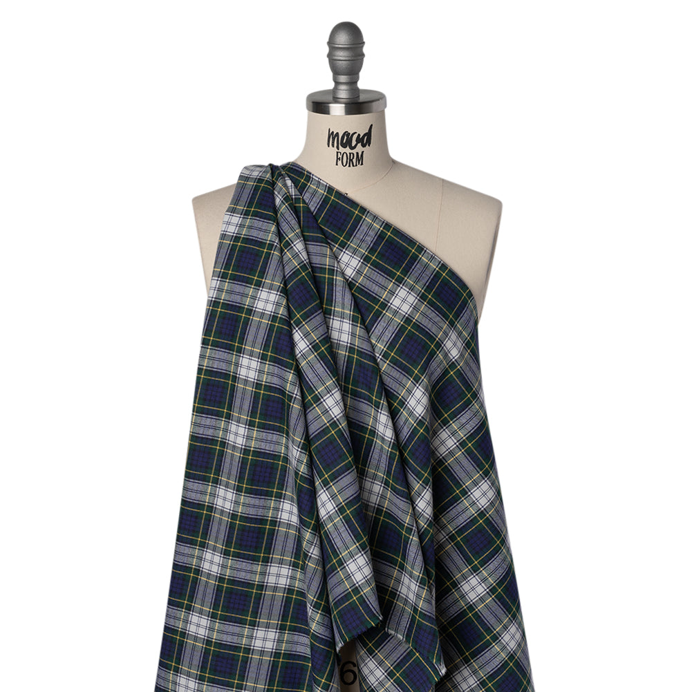 Brushed Cotton Twill Shirting - Blue, Green and Yellow Plaid - Designer Deadstock Brushed Cotton Twill Shirting - Blue, Green and Yellow Plaid - Designer Deadstock