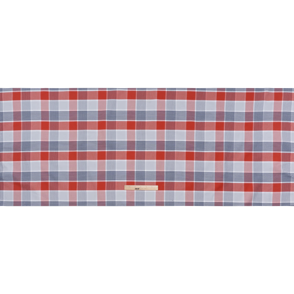 Cotton Oxford Shirting - Sky Blue, Navy and Light Red Plaid - Deadstock - Full Cotton Oxford Shirting - Sky Blue, Navy and Light Red Plaid - Deadstock - Full