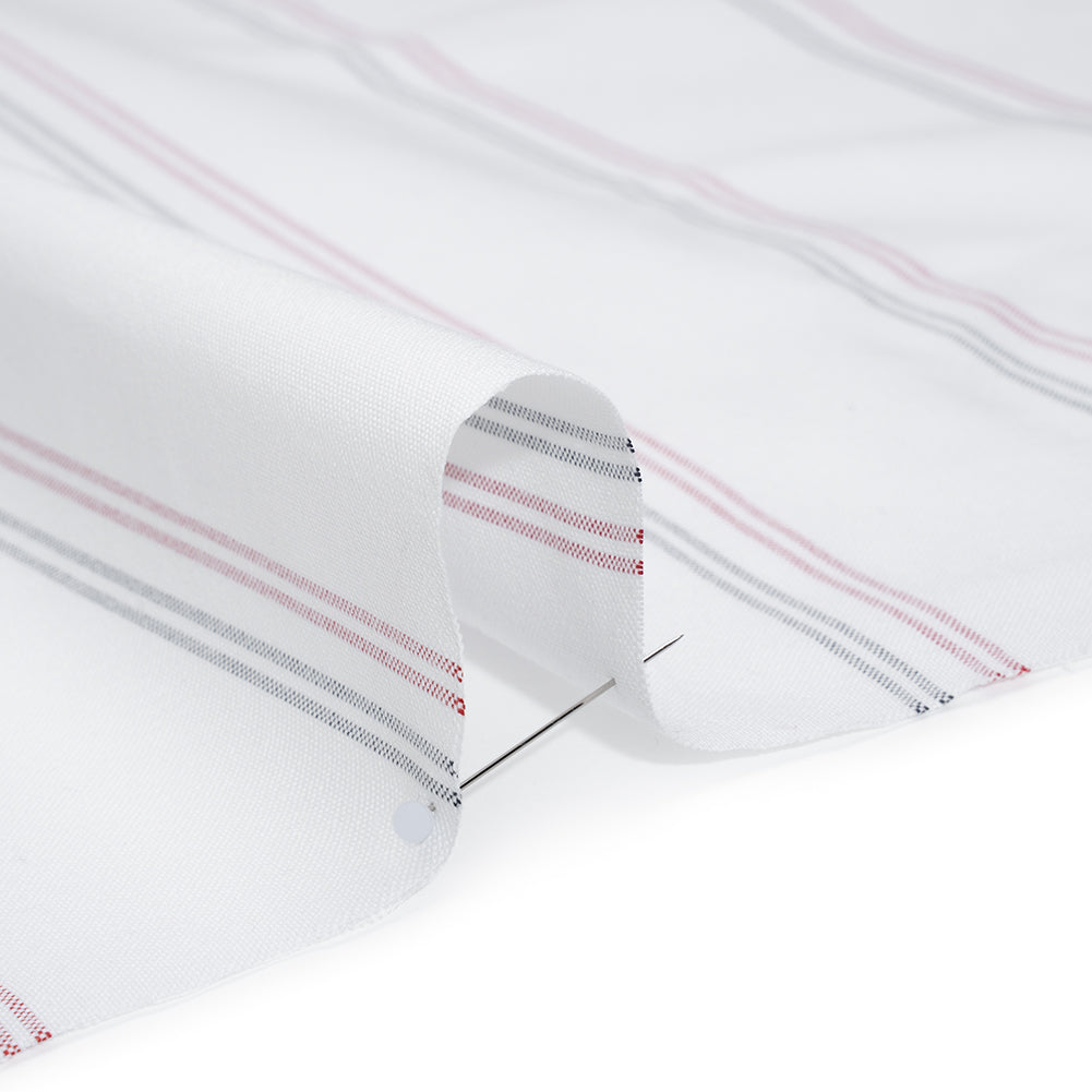 Cotton Oxford Shirting - White, Red and Navy Blue Paired Stripes - Deadstock - Detail Cotton Oxford Shirting - White, Red and Navy Blue Paired Stripes - Deadstock - Detail