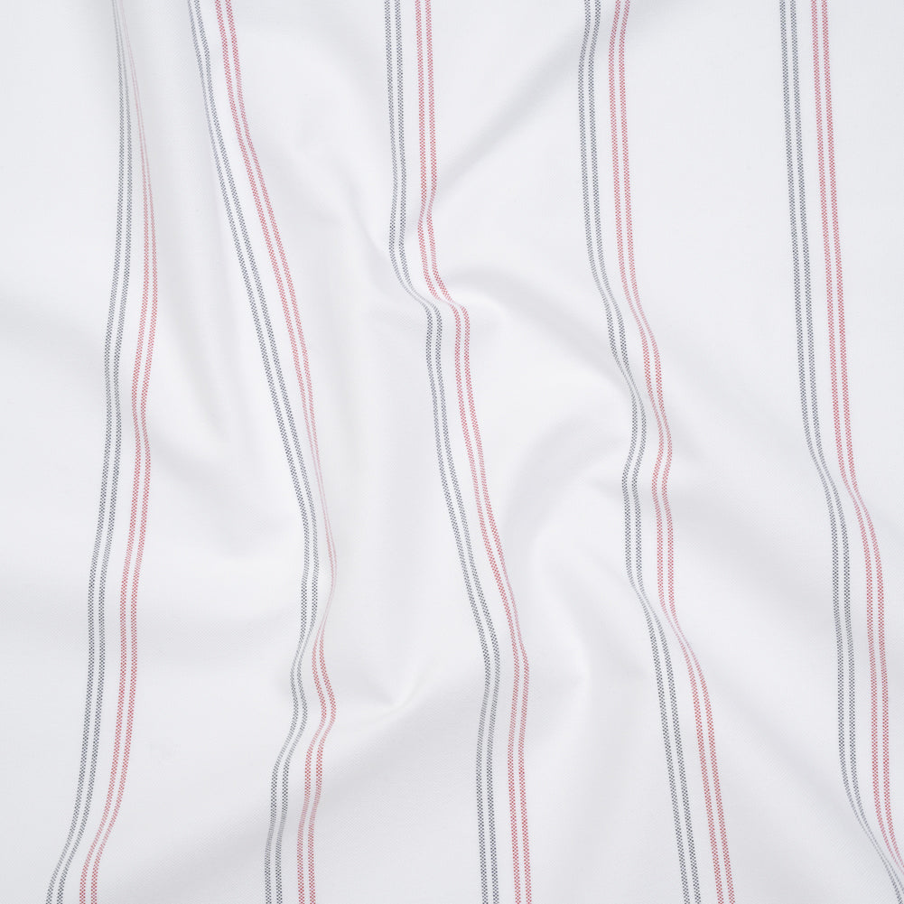 Cotton Oxford Shirting - White, Red and Navy Blue Paired Stripes - Deadstock Cotton Oxford Shirting - White, Red and Navy Blue Paired Stripes - Deadstock