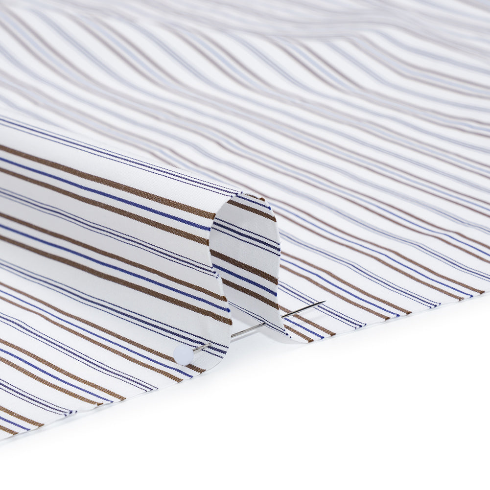 Cotton Shirting - Blue, Brown and White Ticking Stripes - Deadstock Cotton Shirting - Blue, Brown and White Ticking Stripes - Deadstock