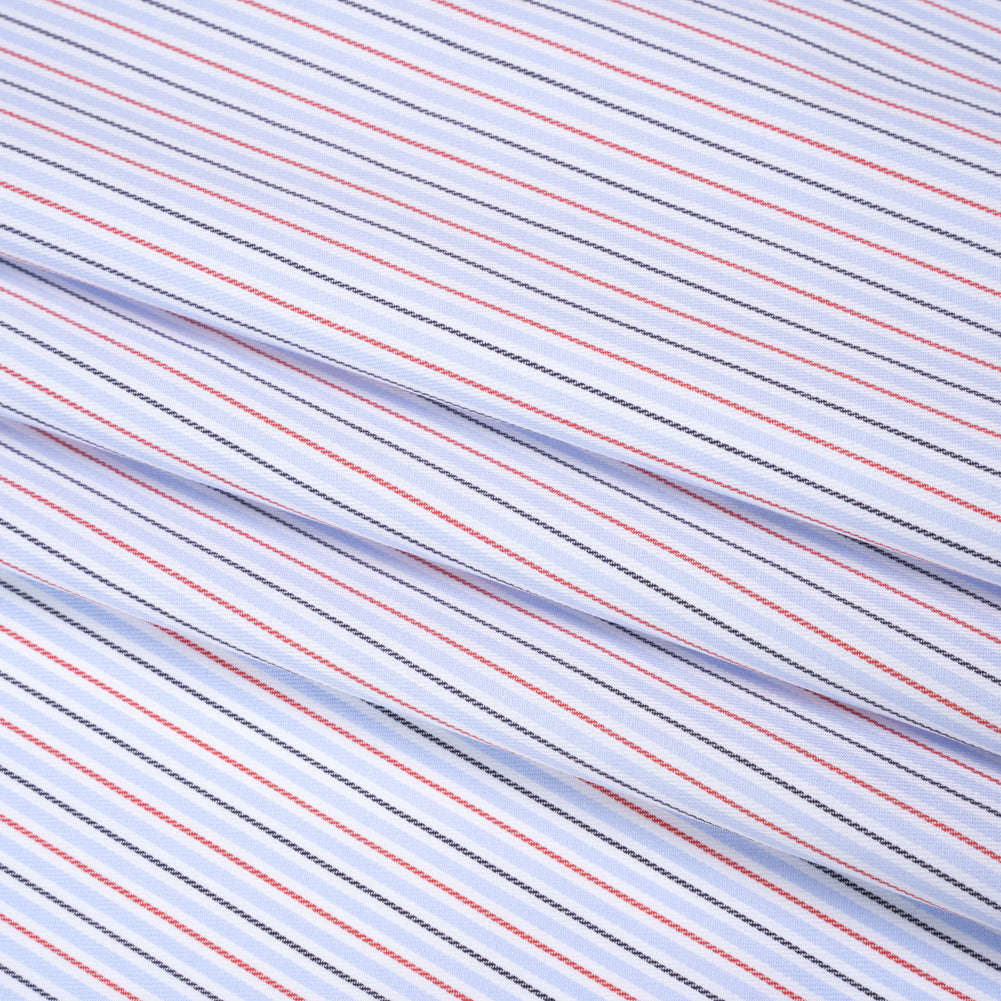Cotton Twill Shirting - Light Blue, Red and Black Stripes - Deadstock Cotton Twill Shirting - Light Blue, Red and Black Stripes - Deadstock
