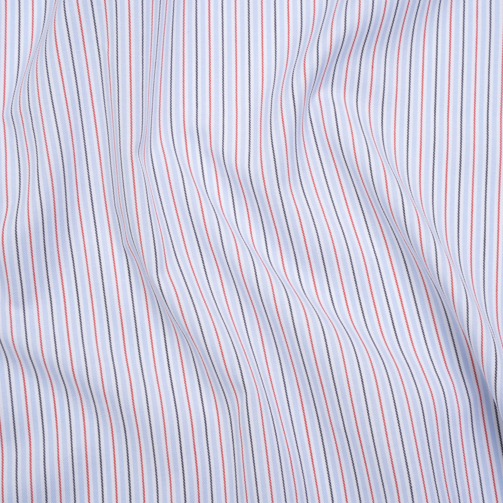 Cotton Twill Shirting - Light Blue, Red and Black Stripes - Deadstock Cotton Twill Shirting - Light Blue, Red and Black Stripes - Deadstock