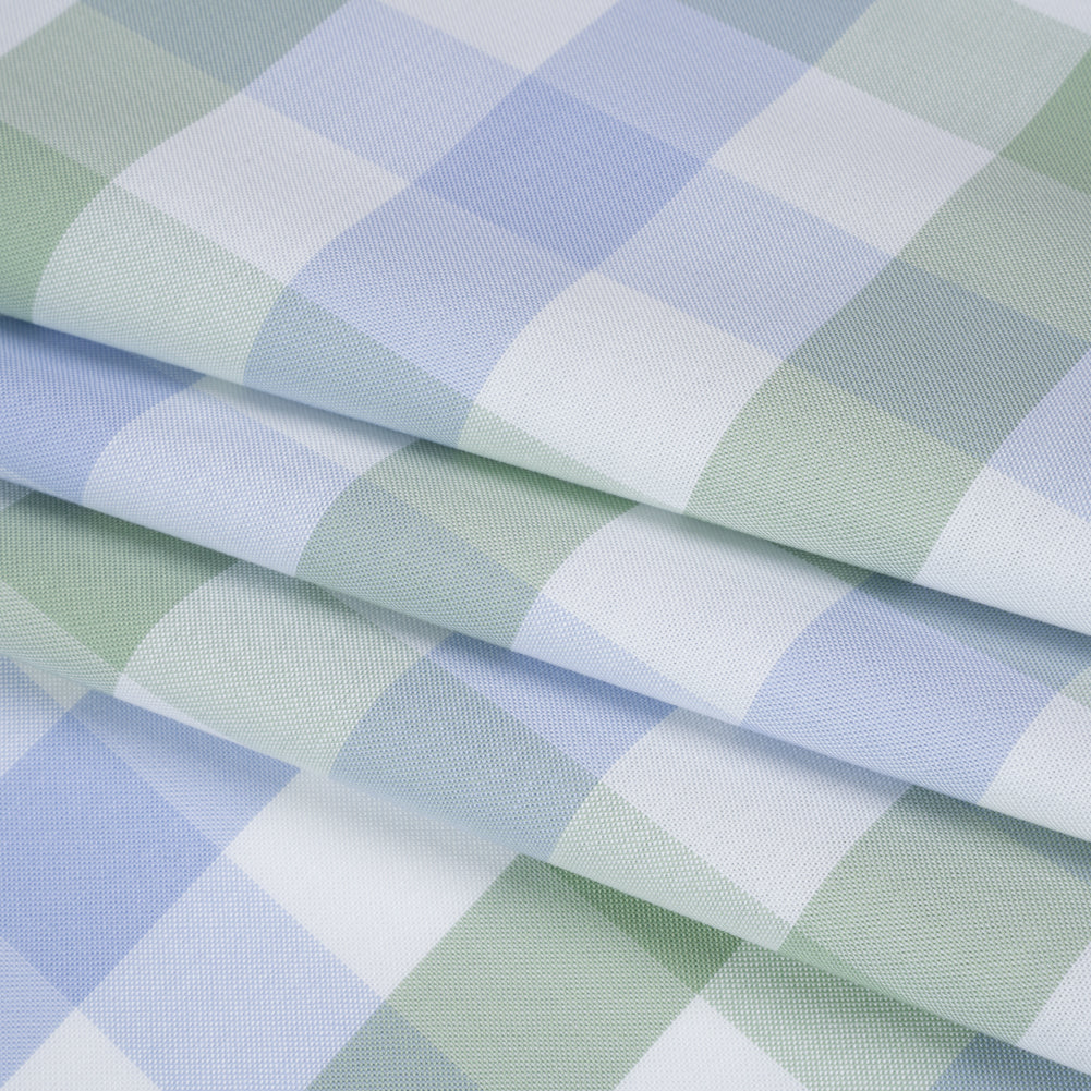 Cotton Oxford Shirting - Light Blue, Sage Green and White Big Tattersall Checks - Deadstock Cotton Oxford Shirting - Light Blue, Sage Green and White Big Tattersall Checks - Deadstock