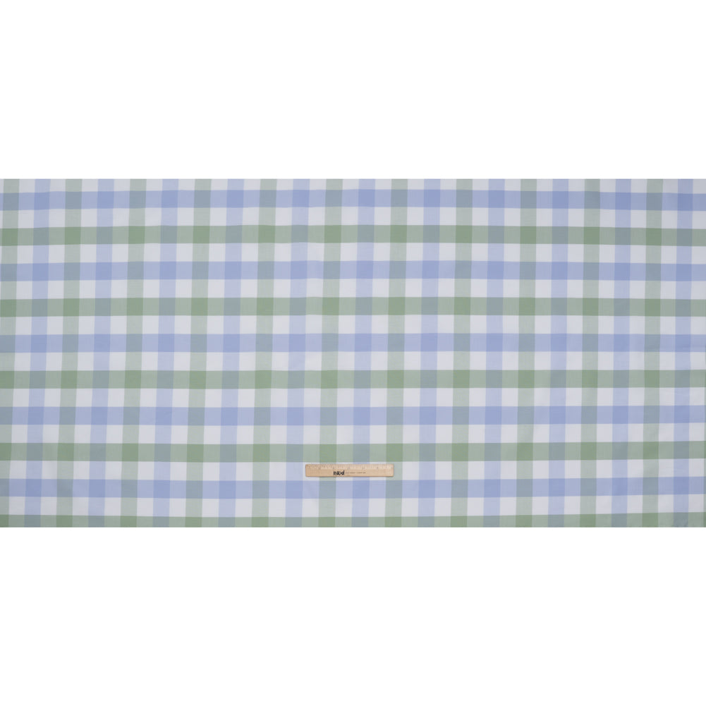 Cotton Oxford Shirting - Light Blue, Sage Green and White Big Tattersall Checks - Deadstock Cotton Oxford Shirting - Light Blue, Sage Green and White Big Tattersall Checks - Deadstock