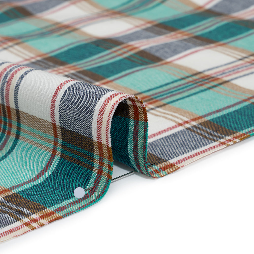 Brushed Cotton Shirting - Aqua Blue, Tan and Red Plaid - Deadstock - Detail Brushed Cotton Shirting - Aqua Blue, Tan and Red Plaid - Deadstock - Detail