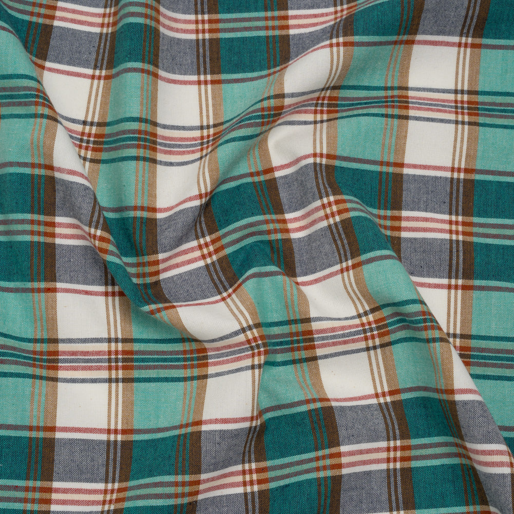 Brushed Cotton Shirting - Aqua Blue, Tan and Red Plaid - Deadstock Brushed Cotton Shirting - Aqua Blue, Tan and Red Plaid - Deadstock