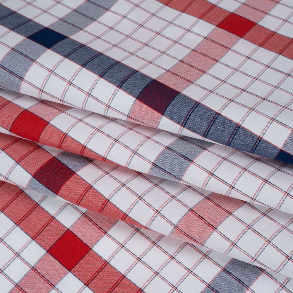Cotton Shirting - Red, Blue and White Checked Plaid - Deadstock - Folded Cotton Shirting - Red, Blue and White Checked Plaid - Deadstock - Folded