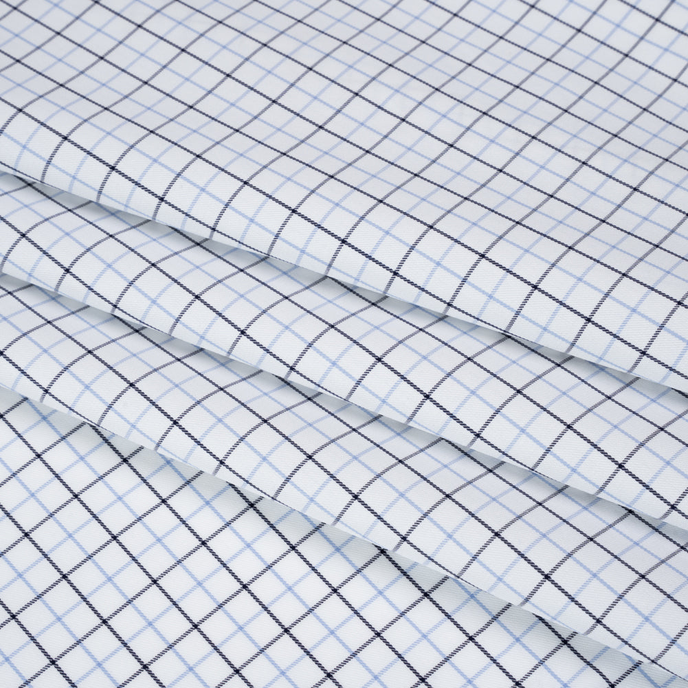 Cotton Twill Shirting - Sky Blue, Navy and White Tattersall Check - Designer Deadstock Cotton Twill Shirting - Sky Blue, Navy and White Tattersall Check - Designer Deadstock