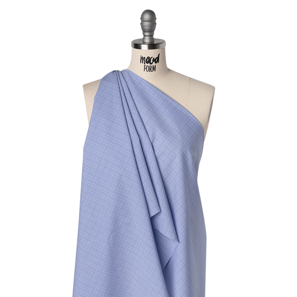 Cotton Shirting - Light Blue and White Checked Plaid - Designer Deadstock Cotton Shirting - Light Blue and White Checked Plaid - Designer Deadstock