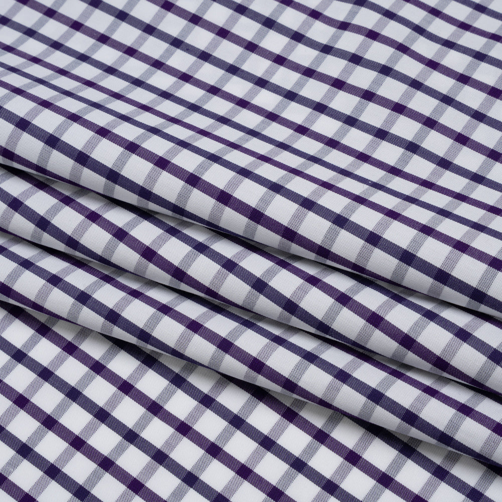 Cotton Twill Shirting - Navy Blue, Purple and White Tattersall Check - Designer Deadstock - Folded Cotton Twill Shirting - Navy Blue, Purple and White Tattersall Check - Designer Deadstock - Folded