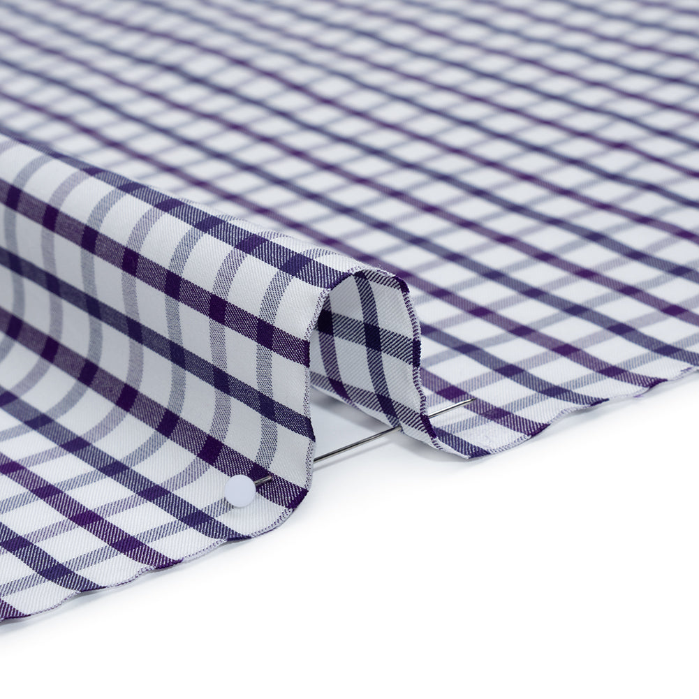 Cotton Twill Shirting - Navy Blue, Purple and White Tattersall Check - Designer Deadstock - Detail Cotton Twill Shirting - Navy Blue, Purple and White Tattersall Check - Designer Deadstock - Detail