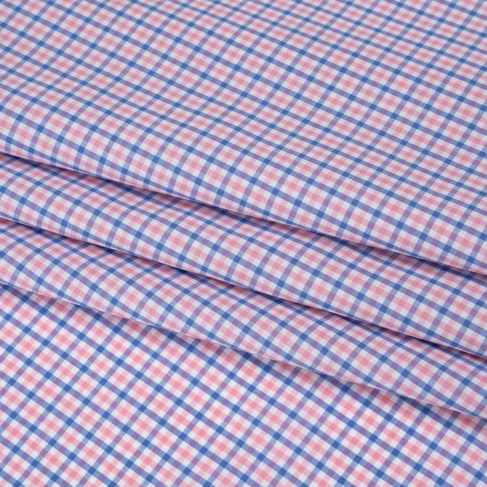 Cotton Shirting - Blue and Pink Tattersall Checks - Designer Deadstock - Folded Cotton Shirting - Blue and Pink Tattersall Checks - Designer Deadstock - Folded