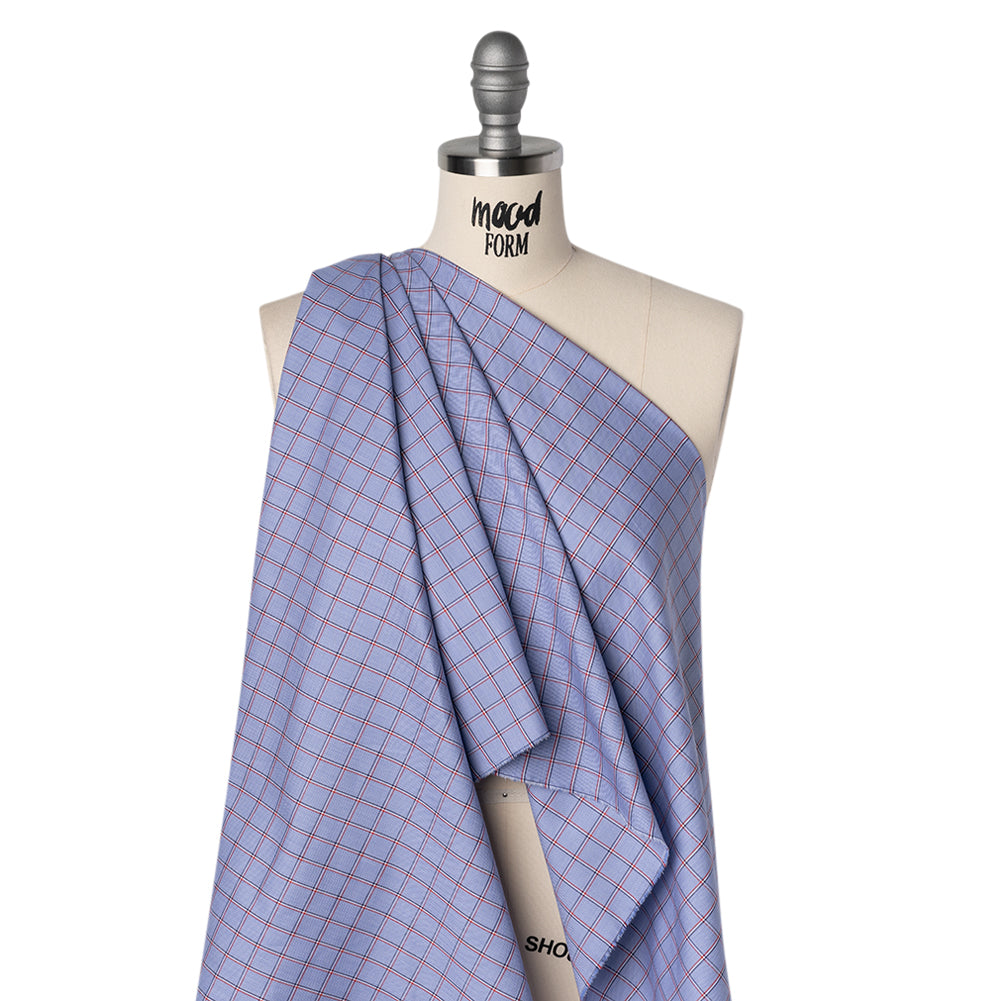 Cotton Shirting - Blue, Red and White Windowpane Checks - Deadstock - Drape Cotton Shirting - Blue, Red and White Windowpane Checks - Deadstock - Drape