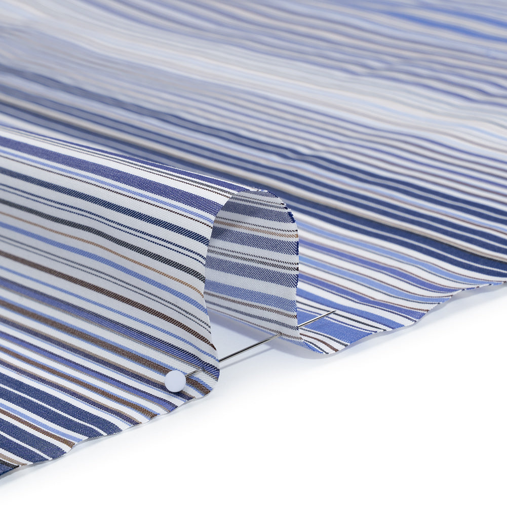 Cotton Shirting - Blue, Brown and White Barcode Stripes - Designer Deadstock Cotton Shirting - Blue, Brown and White Barcode Stripes - Designer Deadstock