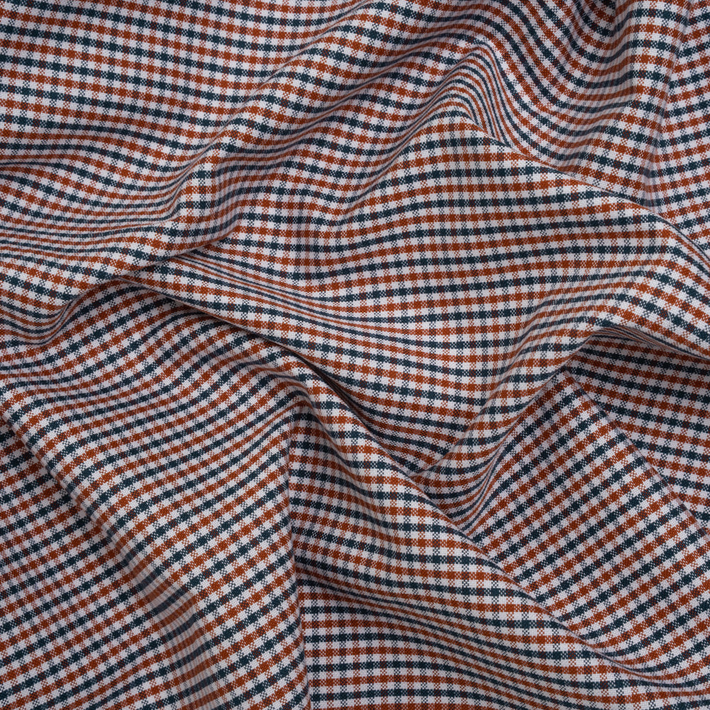 Cotton Oxford Shirting - Burnt Orange, Navy and White Tattersall Check - Deadstock Cotton Oxford Shirting - Burnt Orange, Navy and White Tattersall Check - Deadstock