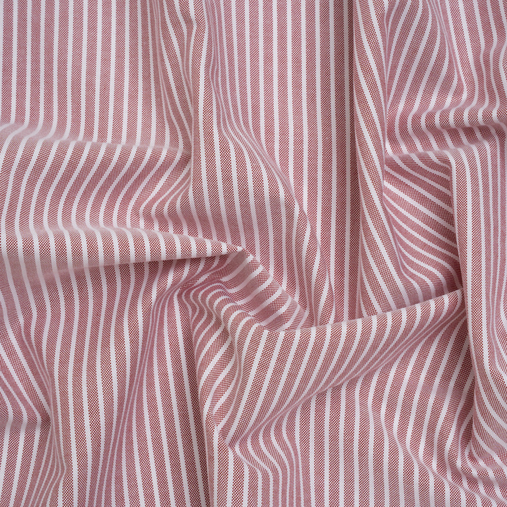 Cotton Oxford Shirting - Dark Red and White Stripes - Designer Deadstock Cotton Oxford Shirting - Dark Red and White Stripes - Designer Deadstock