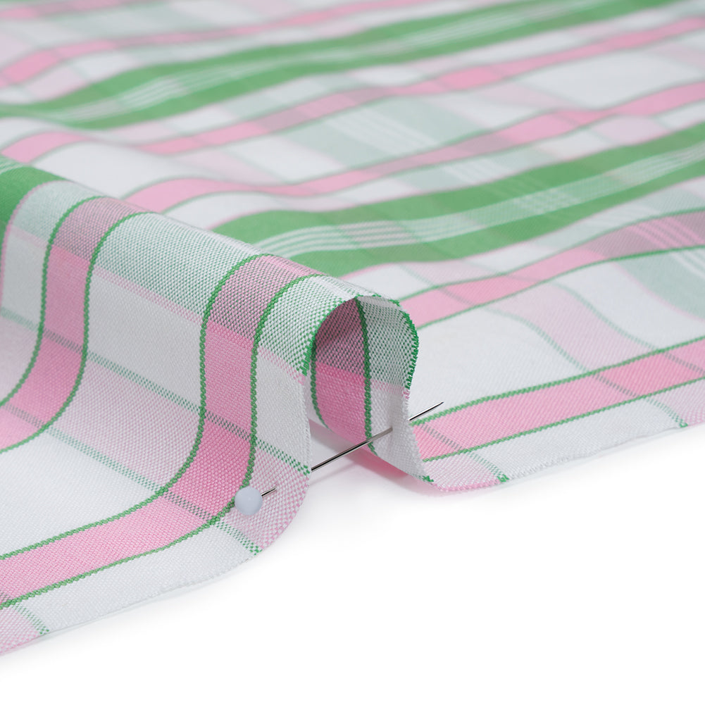 Cotton Oxford Shirting - Bubblegum Pink, Kelly Green and White Plaid - Deadstock Detail Cotton Oxford Shirting - Bubblegum Pink, Kelly Green and White Plaid - Deadstock Detail