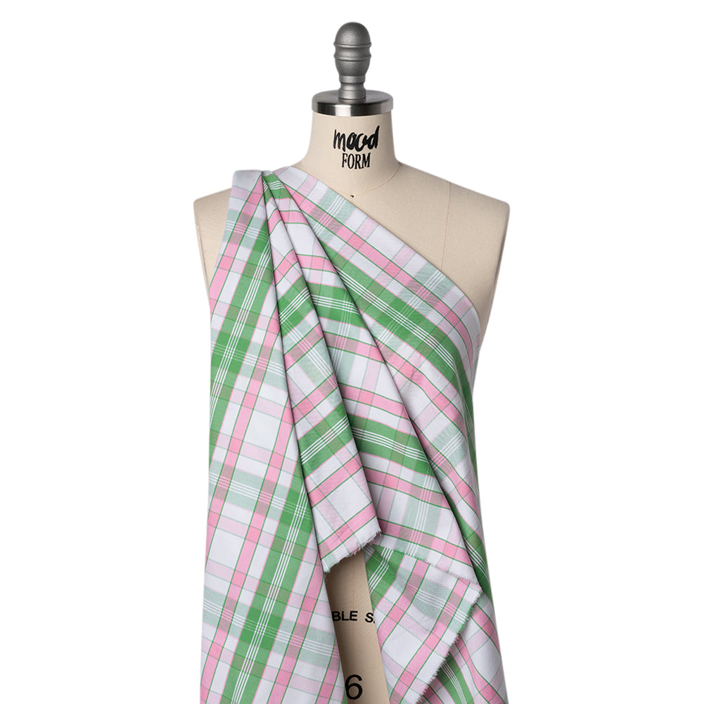Cotton Oxford Shirting - Bubblegum Pink, Kelly Green and White Plaid - Deadstock Drape Cotton Oxford Shirting - Bubblegum Pink, Kelly Green and White Plaid - Deadstock Drape