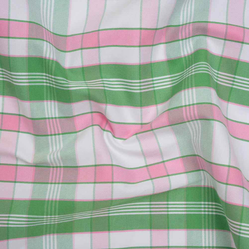 Cotton Oxford Shirting - Bubblegum Pink, Kelly Green and White Plaid - Deadstock Cotton Oxford Shirting - Bubblegum Pink, Kelly Green and White Plaid - Deadstock