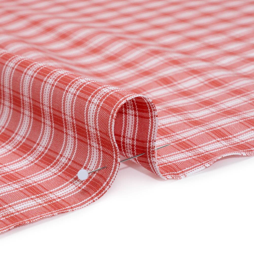 Cotton Oxford Shirting - Watermelon Red and White Plaid - Deadstock Cotton Oxford Shirting - Watermelon Red and White Plaid - Deadstock