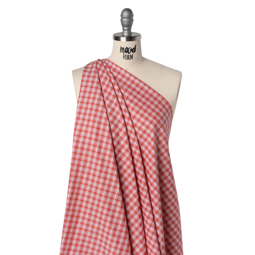 Cotton Oxford Shirting - Watermelon Red and White Plaid - Deadstock Cotton Oxford Shirting - Watermelon Red and White Plaid - Deadstock