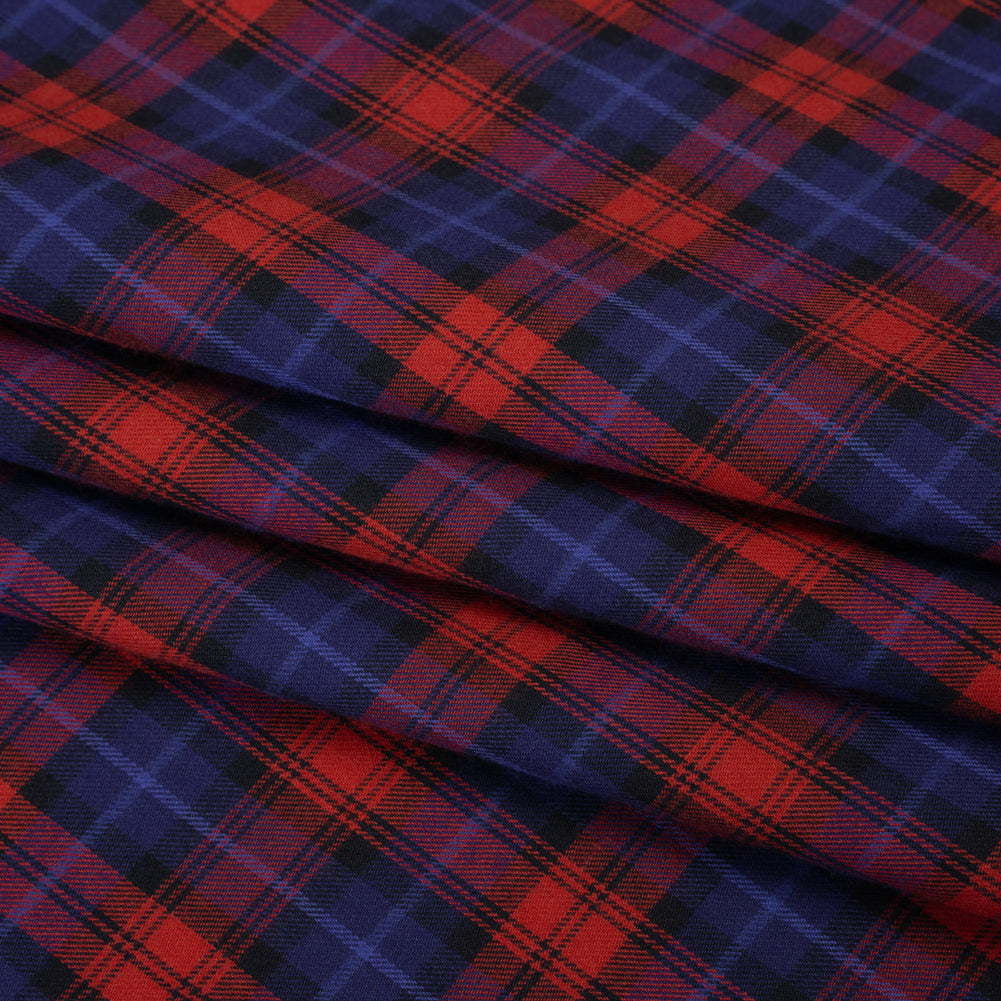 Brushed Cotton Twill Shirting - Red, Electric Blue and Black Plaid - Designer Deadstock Brushed Cotton Twill Shirting - Red, Electric Blue and Black Plaid - Designer Deadstock