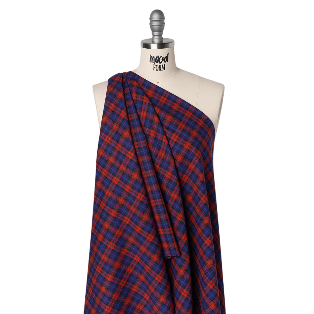 Brushed Cotton Twill Shirting - Red, Electric Blue and Black Plaid - Designer Deadstock Brushed Cotton Twill Shirting - Red, Electric Blue and Black Plaid - Designer Deadstock