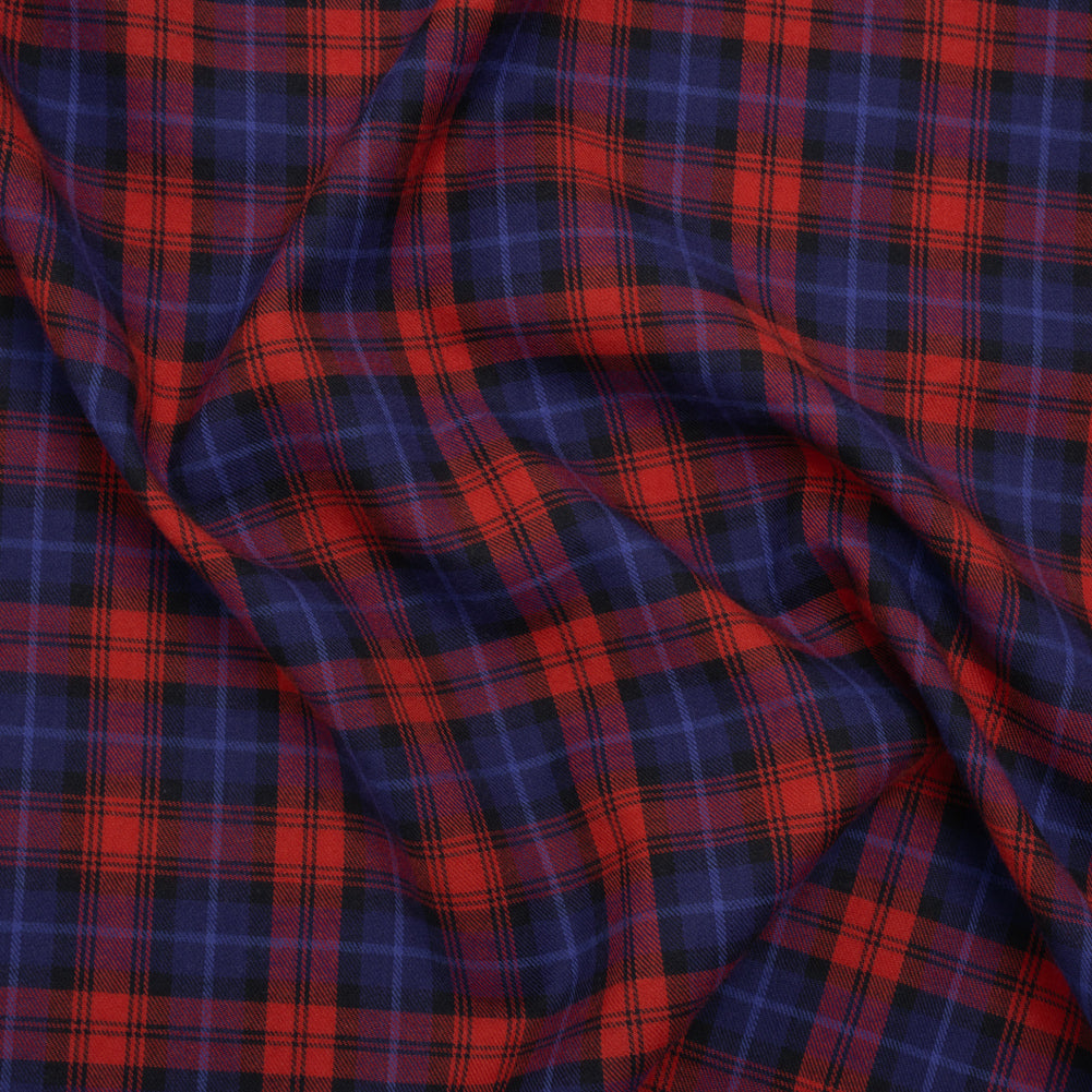 Brushed Cotton Twill Shirting - Red, Electric Blue and Black Plaid - Designer Deadstock Brushed Cotton Twill Shirting - Red, Electric Blue and Black Plaid - Designer Deadstock