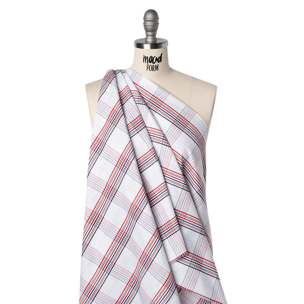 Cotton Oxford Shirting - Navy, Red, and Pale Gray Plaid - Deadstock Drape Cotton Oxford Shirting - Navy, Red, and Pale Gray Plaid - Deadstock Drape
