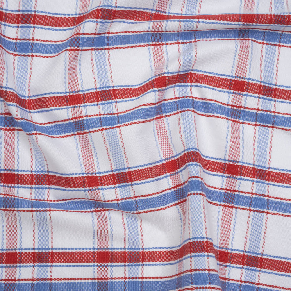 Cotton Oxford Shirting - Light Blue, Red and White Plaid - Deadstock Cotton Oxford Shirting - Light Blue, Red and White Plaid - Deadstock