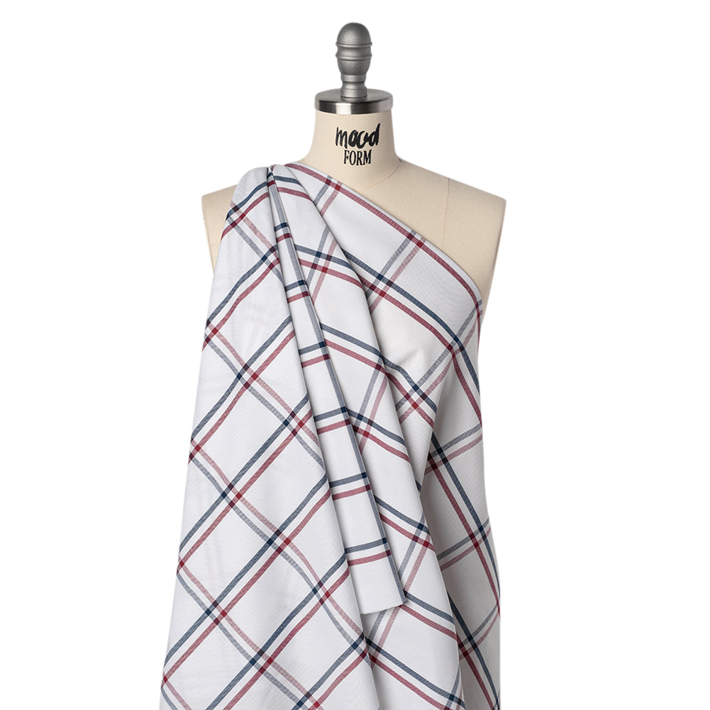 Cotton Oxford Shirting - White, Navy and Dark Red Open Plaid - Deadstock Drape Cotton Oxford Shirting - White, Navy and Dark Red Open Plaid - Deadstock Drape