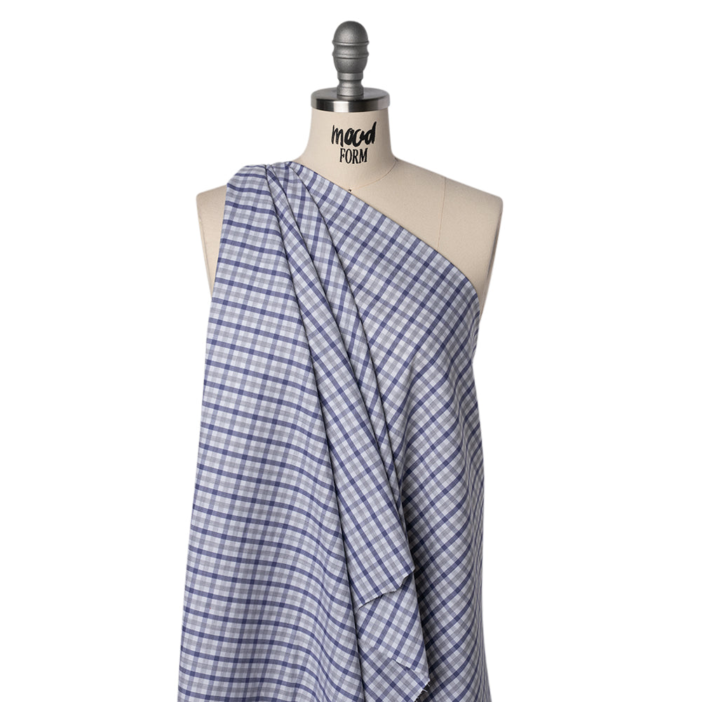 Cotton Herringbone Twill Shirting - Blue, Gray and White Tattersall Check - Deadstock Drape Cotton Herringbone Twill Shirting - Blue, Gray and White Tattersall Check - Deadstock Drape