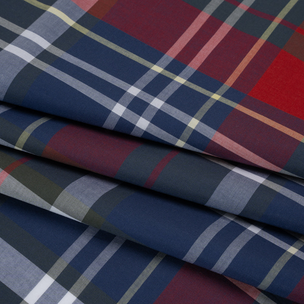 Cotton Shirting - Blue, Red and Olive Green Plaid - Designer Deadstock Folded Cotton Shirting - Blue, Red and Olive Green Plaid - Designer Deadstock Folded