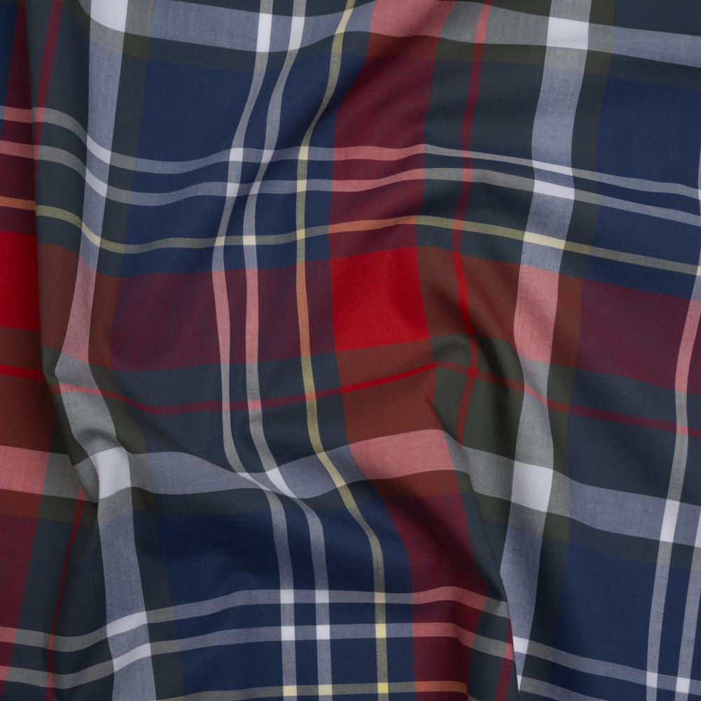 Cotton Shirting - Blue, Red and Olive Green Plaid - Designer Deadstock Cotton Shirting - Blue, Red and Olive Green Plaid - Designer Deadstock