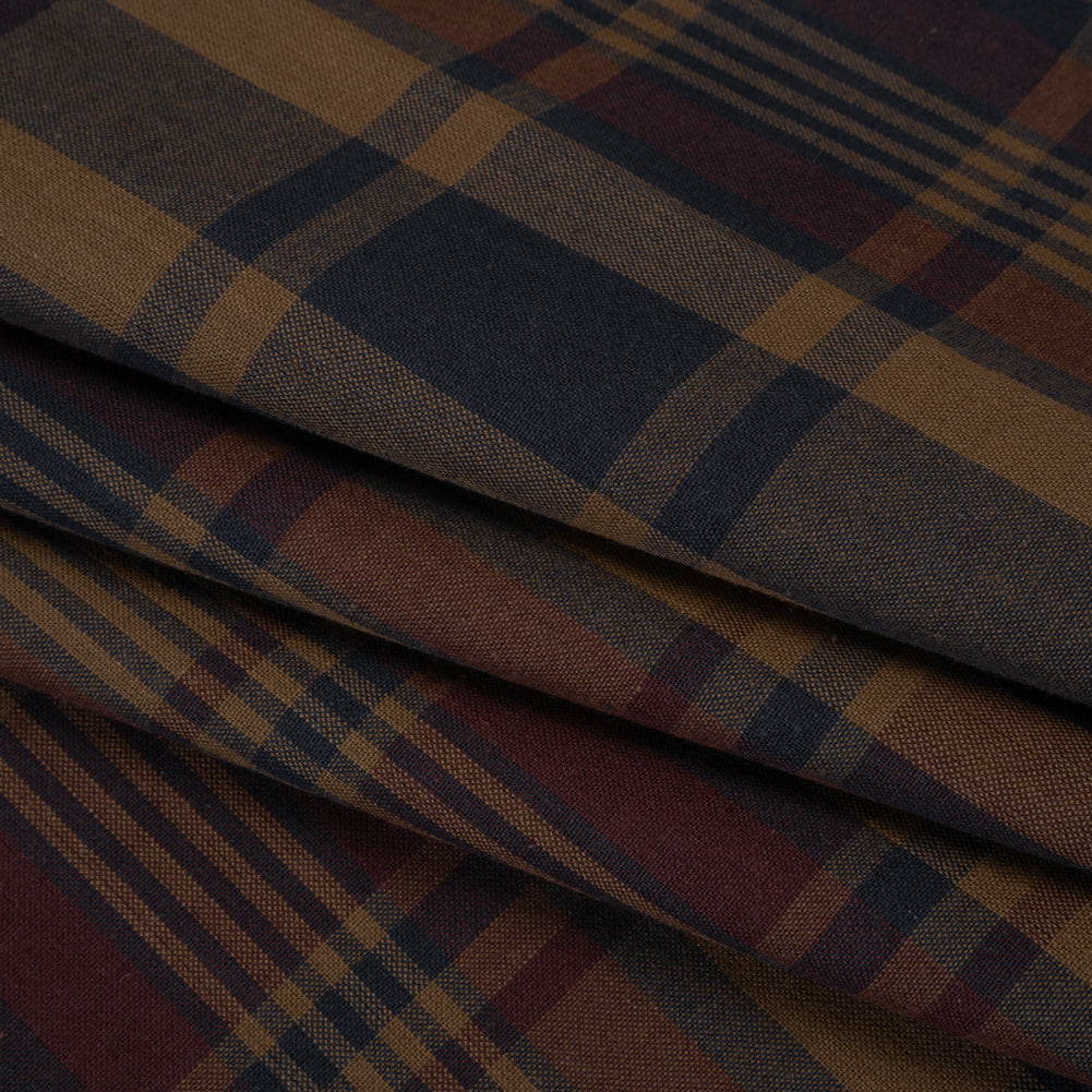 Homespun Cotton Shirting - Brown, Burgundy and Navy Plaid - Deadstock - Folded Homespun Cotton Shirting - Brown, Burgundy and Navy Plaid - Deadstock - Folded