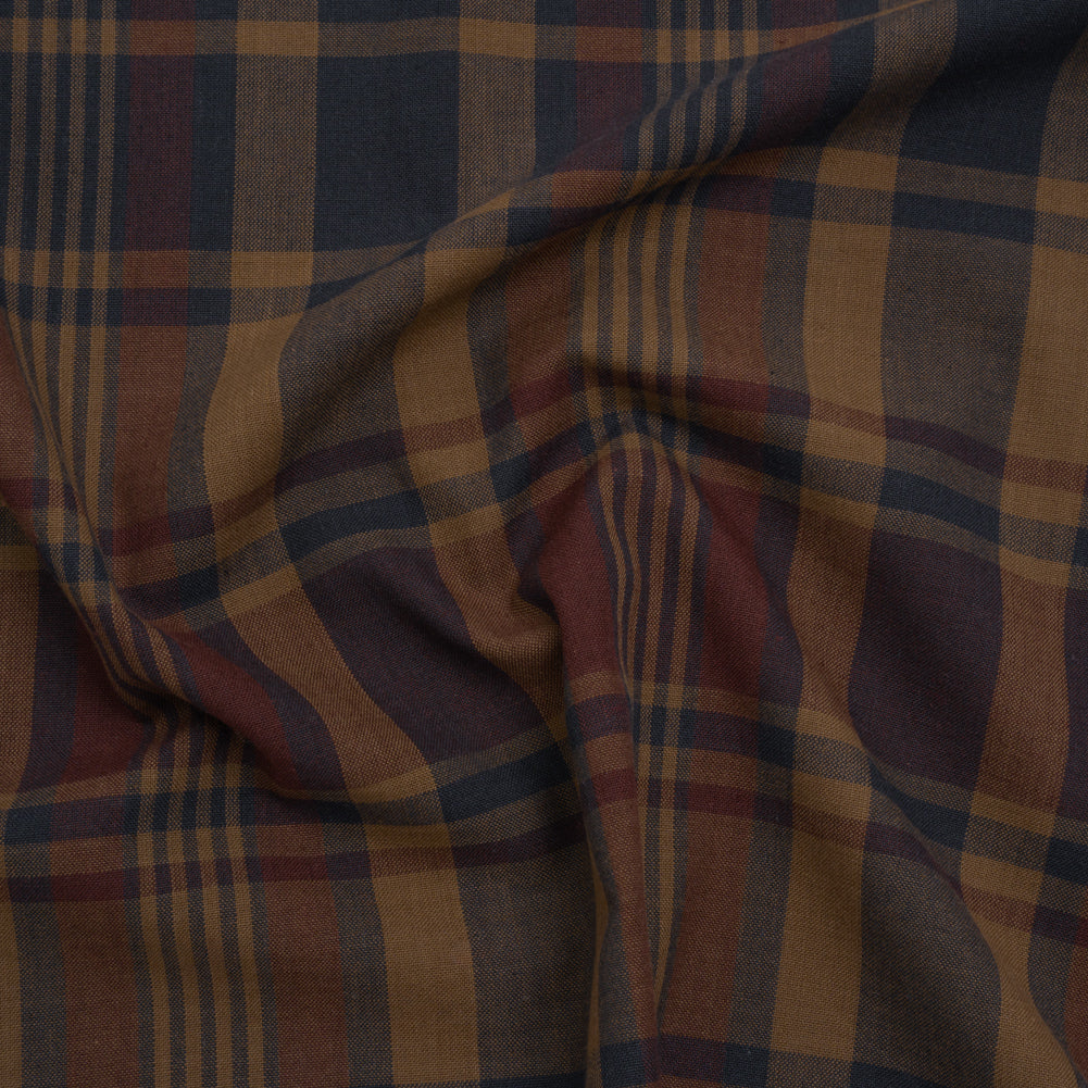 Homespun Cotton Shirting - Brown, Burgundy and Navy Plaid - Deadstock Homespun Cotton Shirting - Brown, Burgundy and Navy Plaid - Deadstock