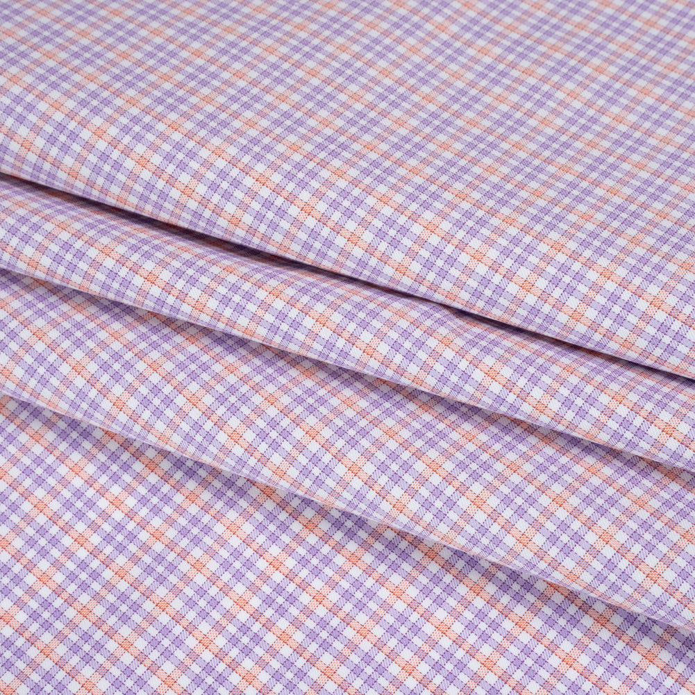 Cotton Twill Shirting - Light Purple, Peachy Orange and White Checks - Designer Deadstock Cotton Twill Shirting - Light Purple, Peachy Orange and White Checks - Designer Deadstock
