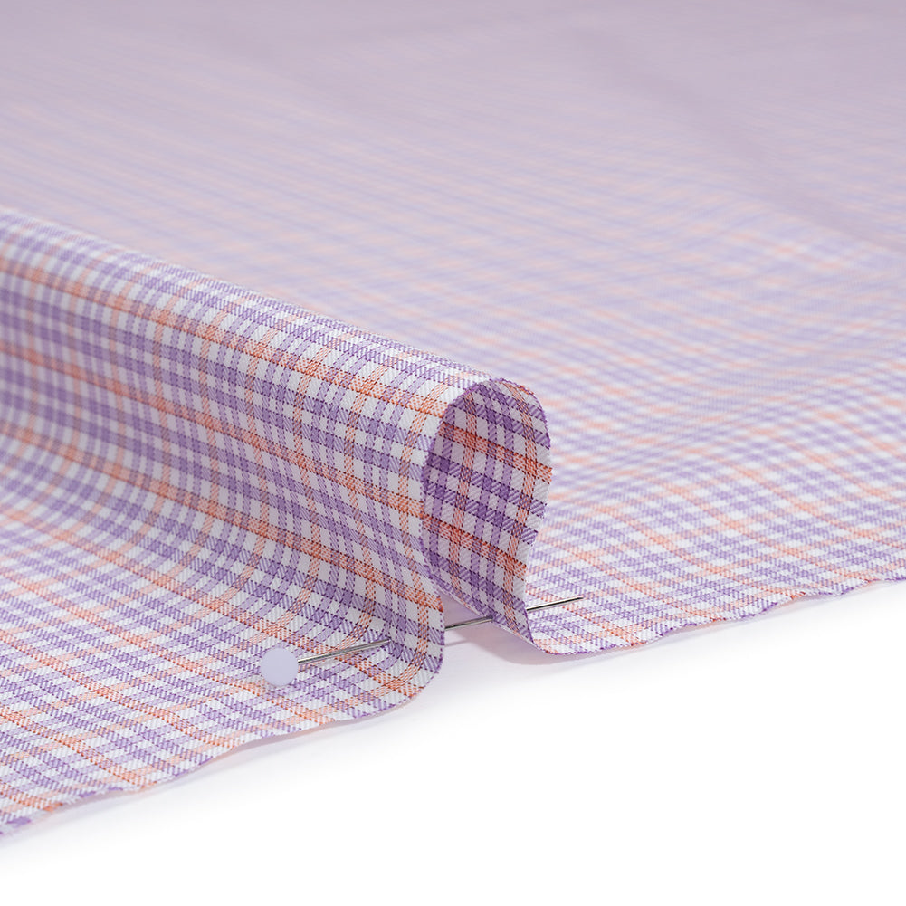 Cotton Twill Shirting - Light Purple, Peachy Orange and White Checks - Designer Deadstock Cotton Twill Shirting - Light Purple, Peachy Orange and White Checks - Designer Deadstock