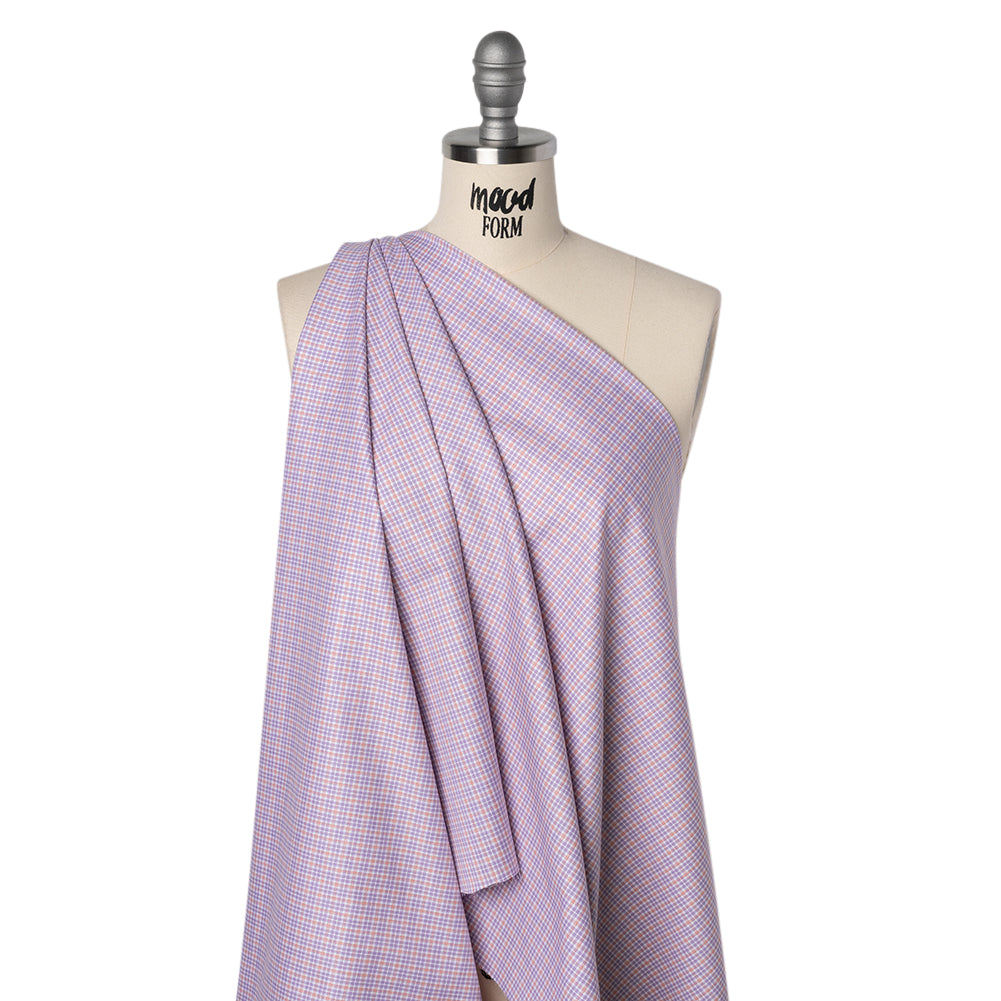 Cotton Twill Shirting - Light Purple, Peachy Orange and White Checks - Designer Deadstock Cotton Twill Shirting - Light Purple, Peachy Orange and White Checks - Designer Deadstock