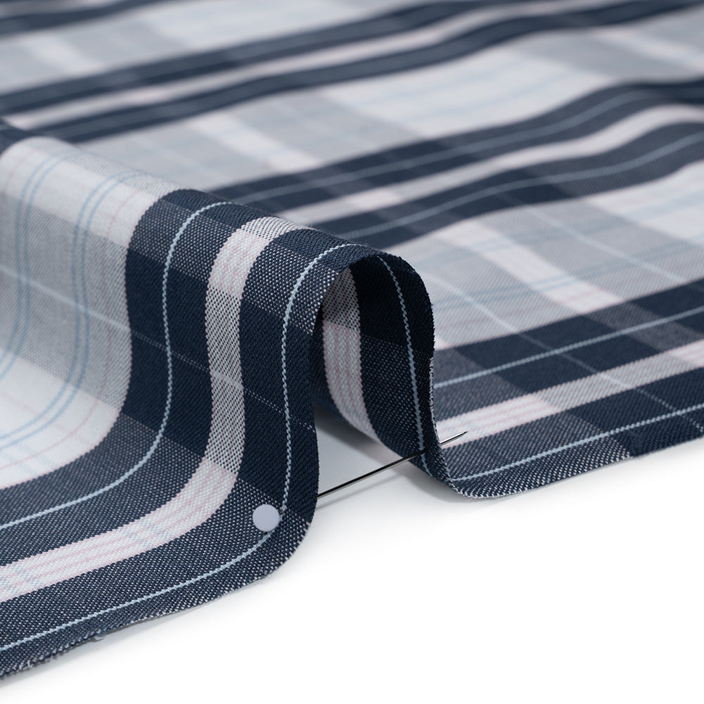 Cotton Oxford Shirting - Navy, Light Blue and Pale Pink Plaid - Deadstock - Detail Cotton Oxford Shirting - Navy, Light Blue and Pale Pink Plaid - Deadstock - Detail