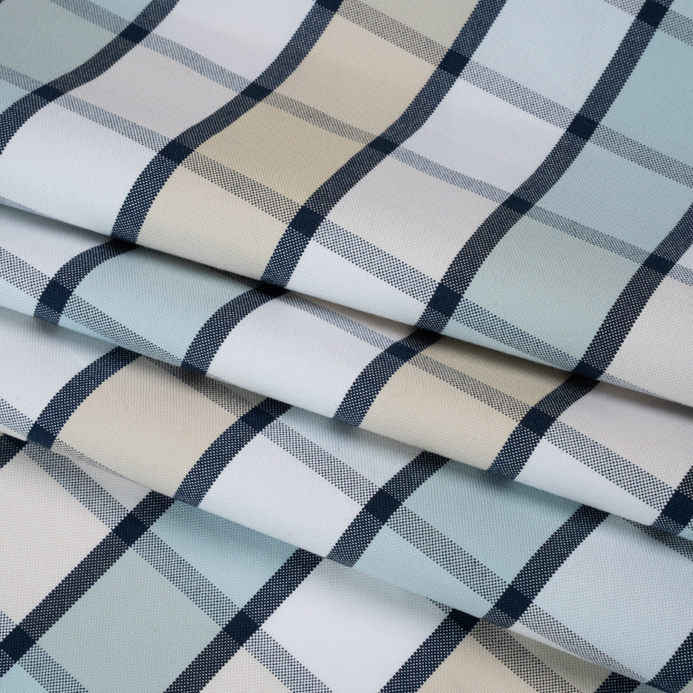 Cotton Oxford Shirting - Beige, Baby Blue and Navy Plaid - Deadstock Cotton Oxford Shirting - Beige, Baby Blue and Navy Plaid - Deadstock