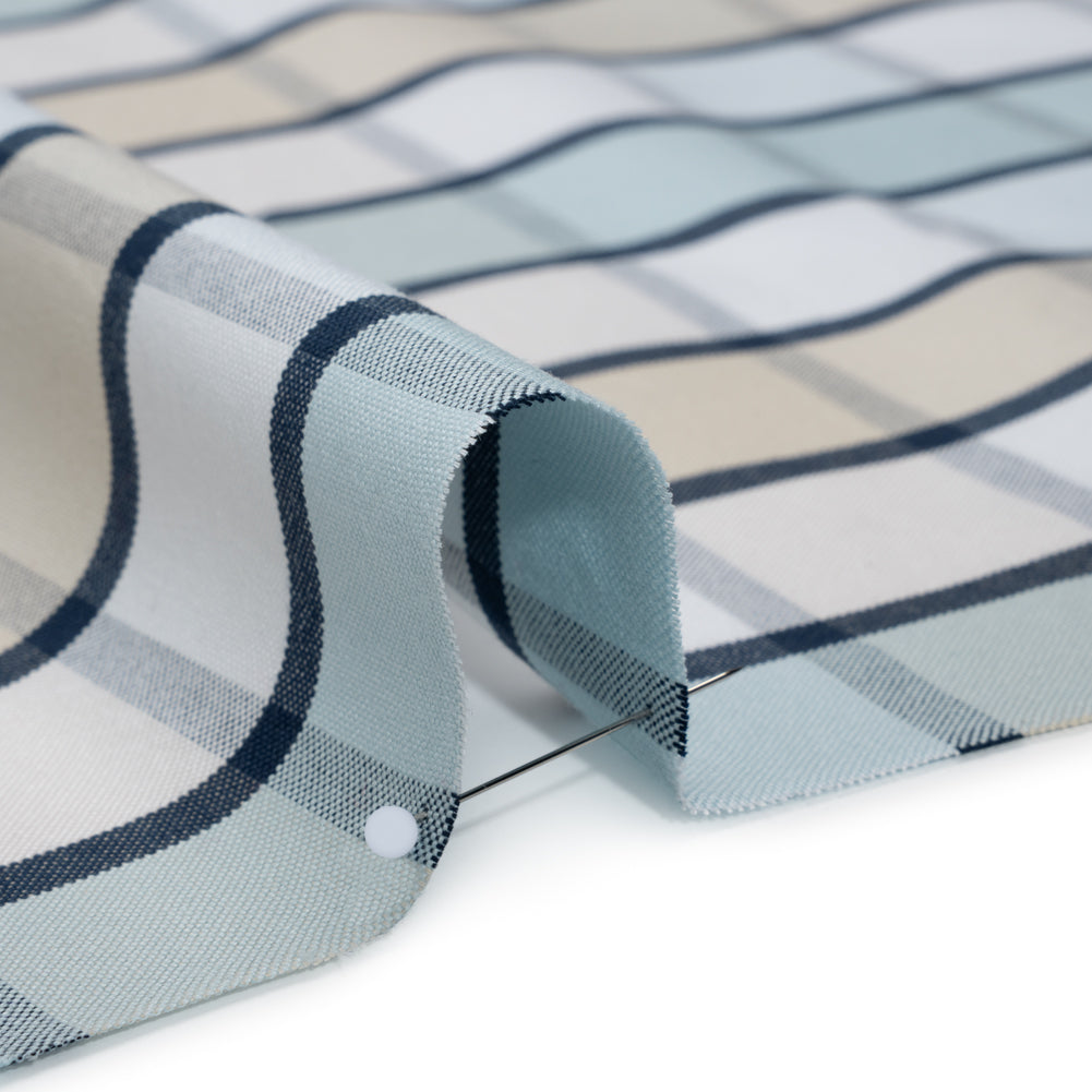 Cotton Oxford Shirting - Beige, Baby Blue and Navy Plaid - Deadstock Cotton Oxford Shirting - Beige, Baby Blue and Navy Plaid - Deadstock