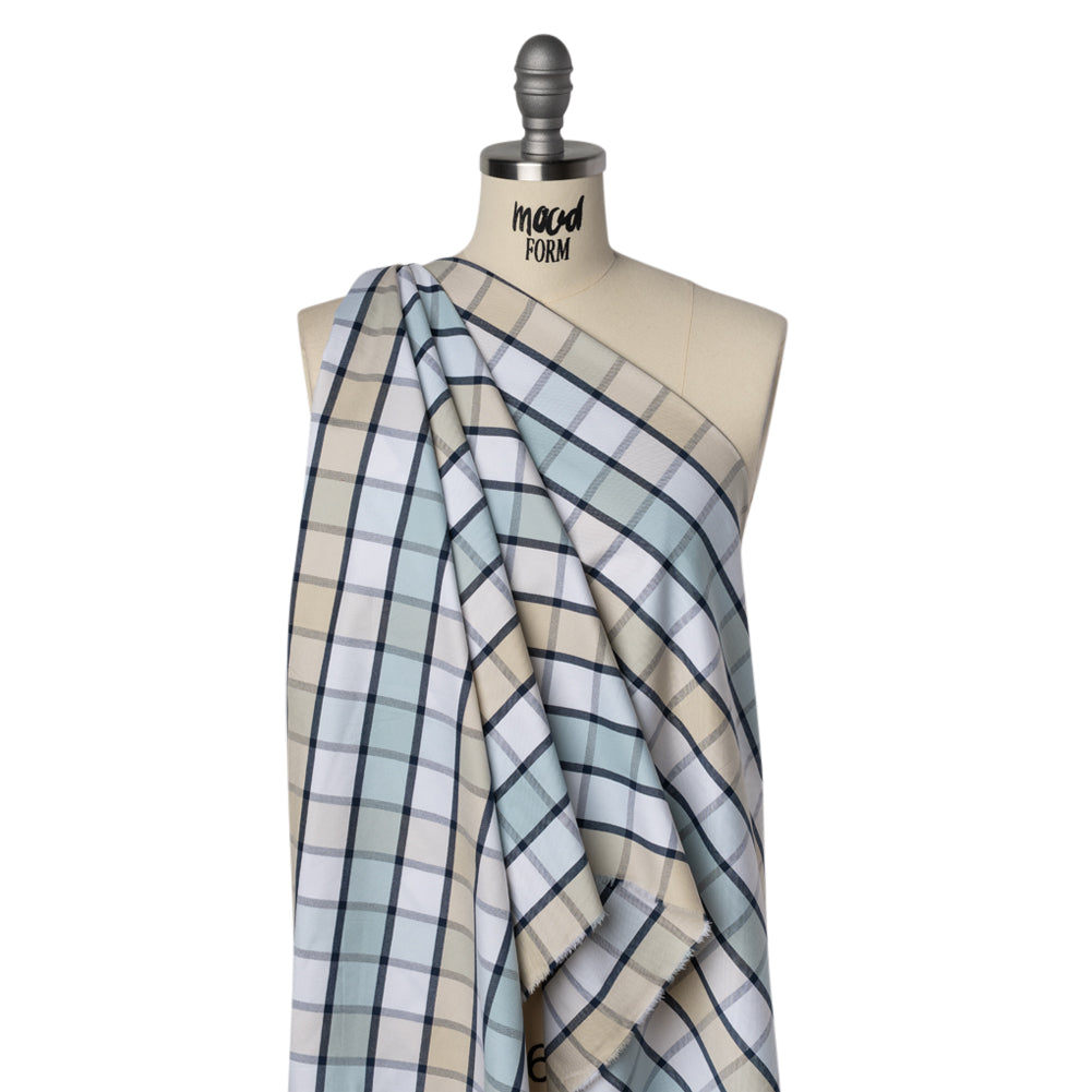 Cotton Oxford Shirting - Beige, Baby Blue and Navy Plaid - Deadstock Cotton Oxford Shirting - Beige, Baby Blue and Navy Plaid - Deadstock